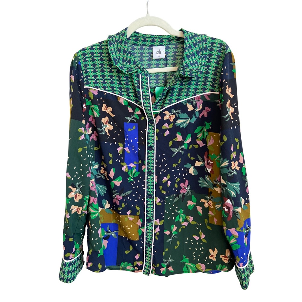 Cabi Bronco Blouse 5520 Patchwork Floral Geometric Print Ruffle Top Green Size M